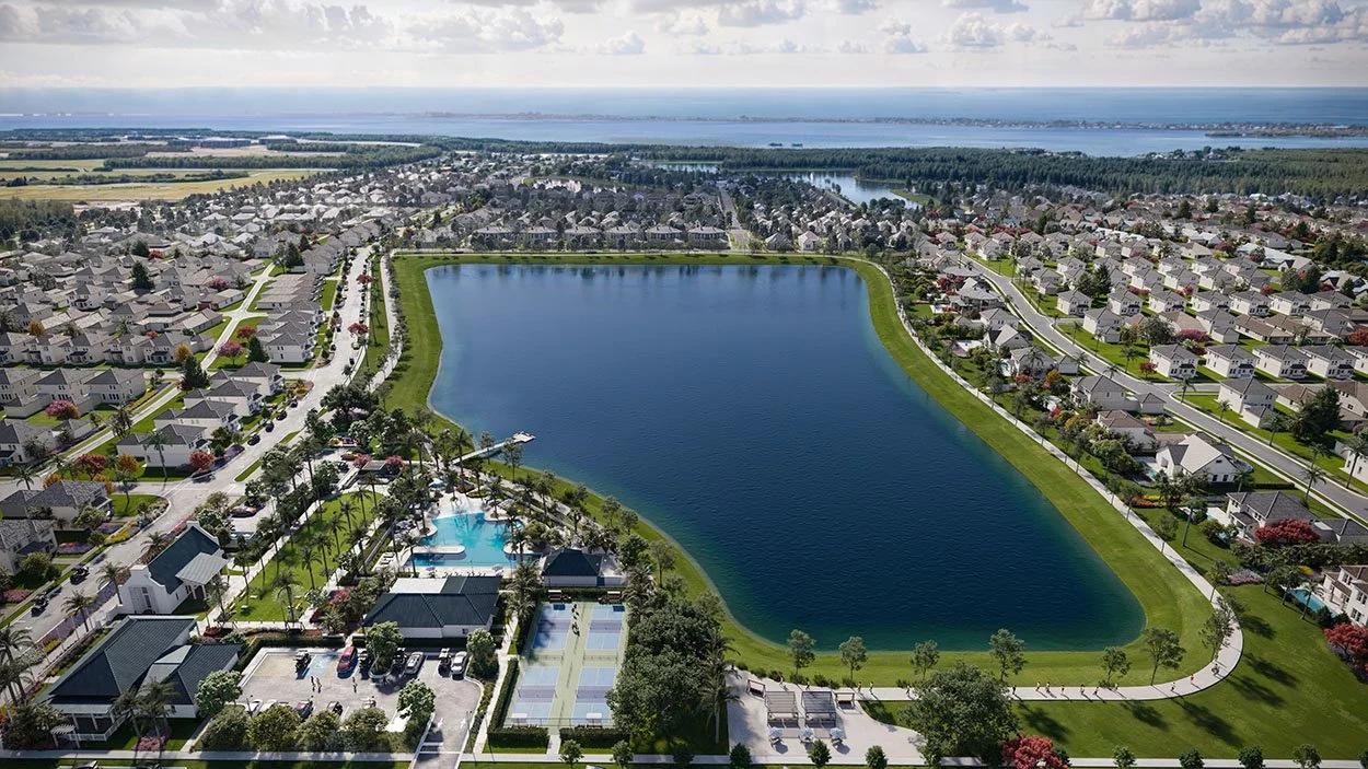 Seaflower's modern coastal design featuring lagoons, walking paths, and green space.